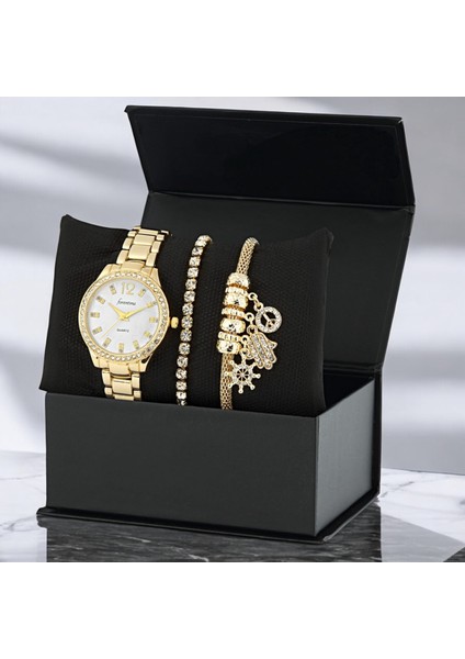 Bayan Gold Metal Kol Saati-Şans Bileklik Hediye Saat Seti PS3778
