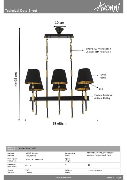 Siyah Boyalı Modern Avize Avonnı AV-66110-6Y-BSY