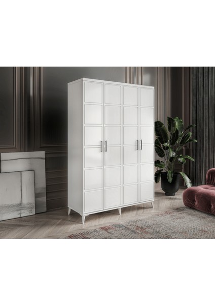 Montaj Dahil - %100 MDF Milano 4 Kapaklı Beyaz Gardırop - MDF Dolap - Elbise Dolabı