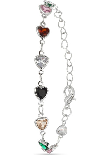 Gümüş Kaplama Renkli Taşlı Kalpli Bileklik PS3763