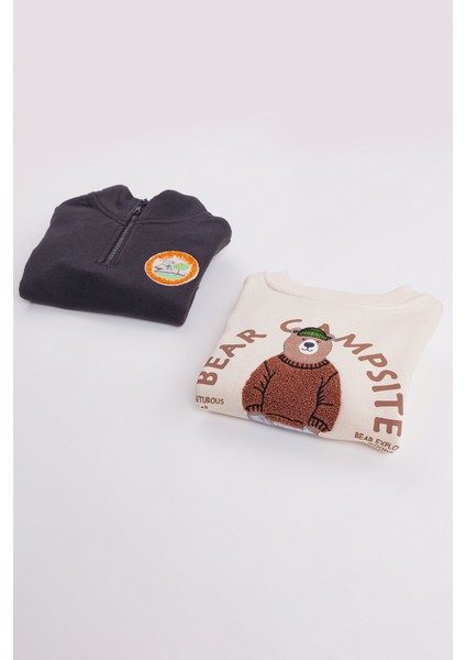 Erkek Çocuk 2'li Paket Kalın Sevimli Ayı Baskılı Sweatshirt