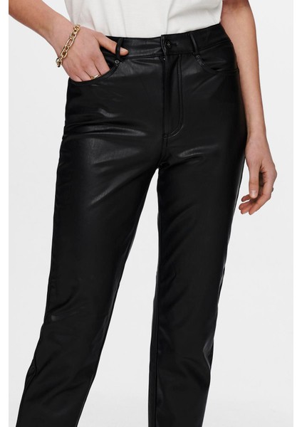 Onlemily Regular Fit Yüksek Bel Düz Paça Deri Pantolon Bayan Pantolon 15209293 fırsatları