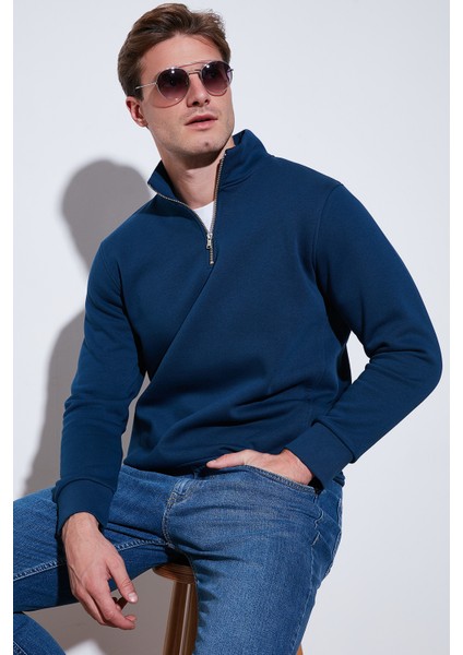 Pamuklu Regular Fit Yarım Fermuarlı Dik Yaka Sweat Erkek Sweat 59052592