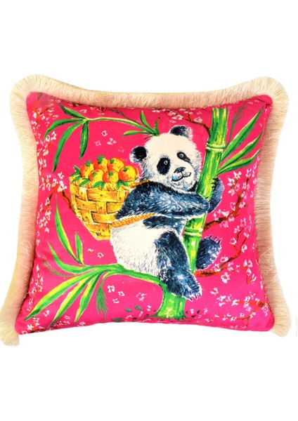 Dekoratif Panda Desenli Pembe Kadife Kırlent Kılıfı ( 45 x 45 )