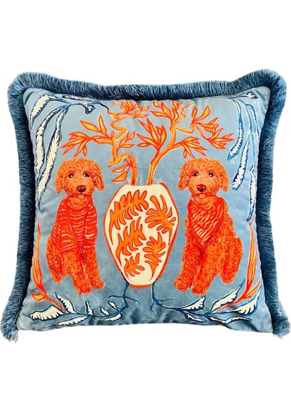 Dekoratif Poodle Desenli Mavi Kadife Kırlent Kılıfı ( 45 x 45 )