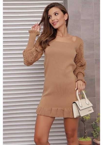 Kol Dantel Detaylı U Yaka Eteği Fırfırlı Camel Elbise fiyatları