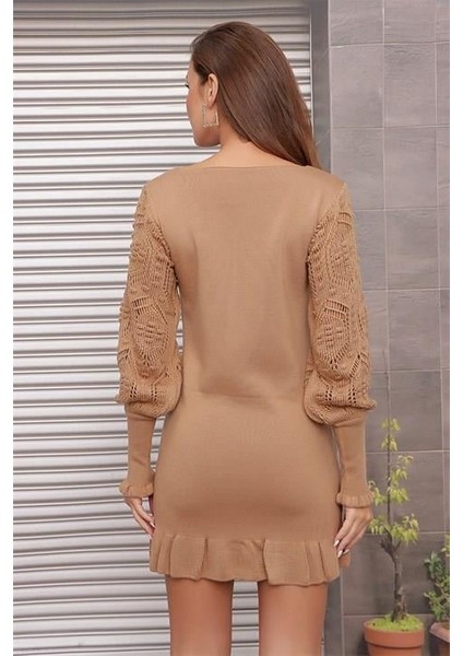 Kol Dantel Detaylı U Yaka Eteği Fırfırlı Camel Elbise fırsatları