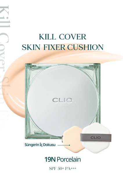 Gün Boyu Kalıcı Mat Cushion Fondöten CLIO Kill Cover Skin Fixer Cushion (19N Porcelain) SPF50+ PA+++