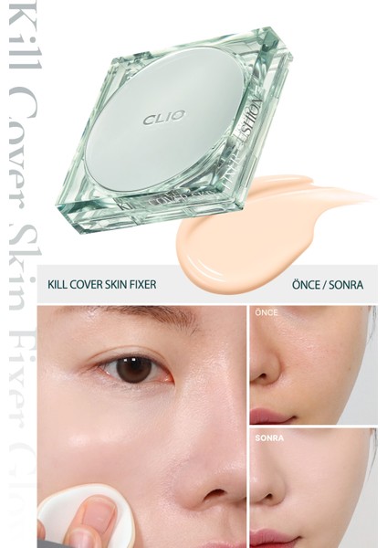 Gün Boyu Kalıcı Mat Cushion Fondöten CLIO Kill Cover Skin Fixer Cushion (19N Porcelain) SPF50+ PA+++