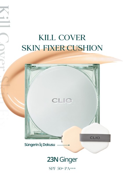 Gün Boyu Kalıcı Mat Cushion Fondöten CLIO Kill Cover Skin Fixer Cushion (23N Ginger) SPF50+ PA+++