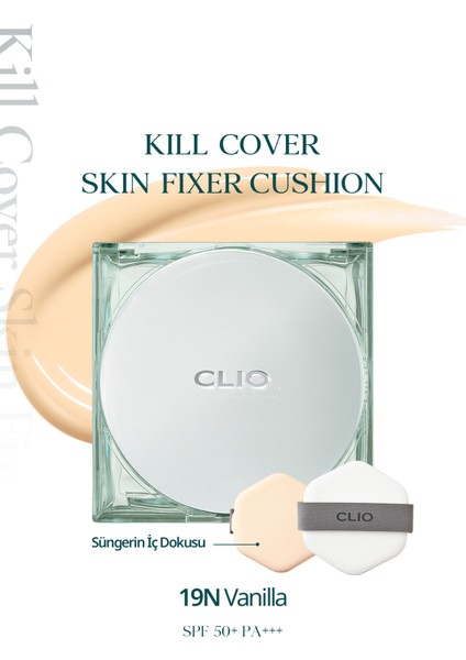 Gün Boyu Kalıcı Mat Cushion Fondöten CLIO Kill Cover Skin Fixer Cushion (19W Vanilla) SPF50+ PA+++