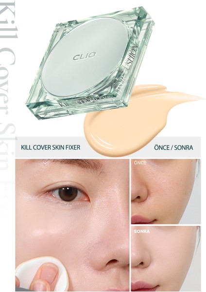 Gün Boyu Kalıcı Mat Cushion Fondöten CLIO Kill Cover Skin Fixer Cushion (19W Vanilla) SPF50+ PA+++