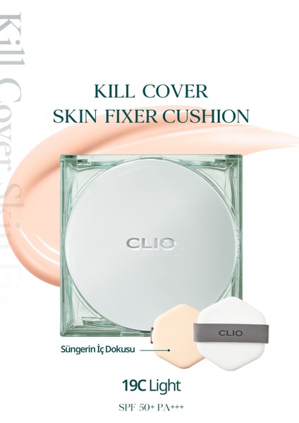 Gün Boyu Kalıcı Mat Cushion Fondöten CLIO Kill Cover Skin Fixer Cushion (19C Light) SPF50+ PA+++