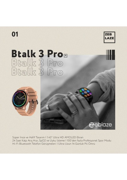 Btalk 3 Pro - Rose Pink Akıllı Saat, Zarif Ve Fonksiyonel, Uyku İzleme