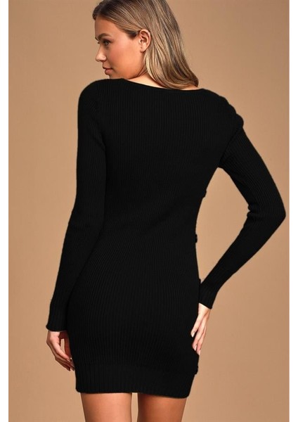 Kadın Geniş Yaka Uzun Kol Yandan Düğme Detaylı Siyah Triko Elbise fırsatları