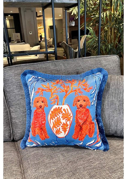 Dekoratif Poodle Desenli Mavi Kadife Kırlent Kılıfı ( 45 x 45 ) fiyatları