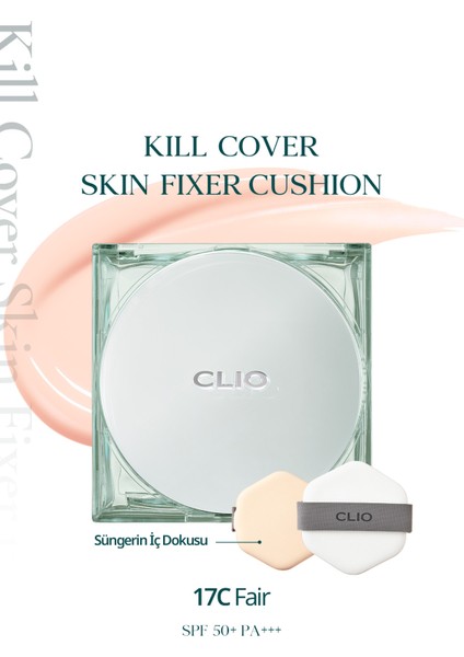 Gün Boyu Kalıcı Mat Cushion Fondöten CLIO Kill Cover Skin Fixer Cushion (17C Fair) SPF50+ PA+++