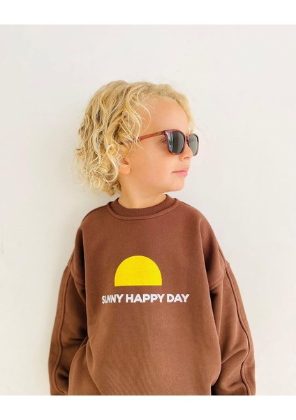 "sunny Happy Day" Güneş Baskılı Çizgili Çocuk Alt-Üst Takım, Kahverengi/sarı