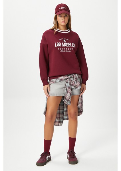 Kadın Nakışlı Los Angeles Içi Polarlı Bordo Oversize Sweatshirt