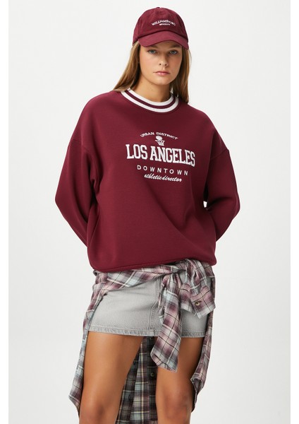 Kadın Nakışlı Los Angeles Içi Polarlı Bordo Oversize Sweatshirt