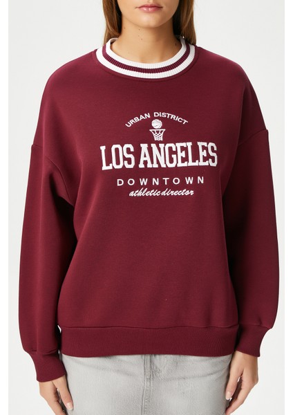 Kadın Nakışlı Los Angeles Içi Polarlı Bordo Oversize Sweatshirt