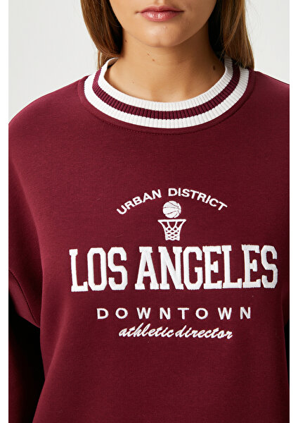 Kadın Nakışlı Los Angeles Içi Polarlı Bordo Oversize Sweatshirt