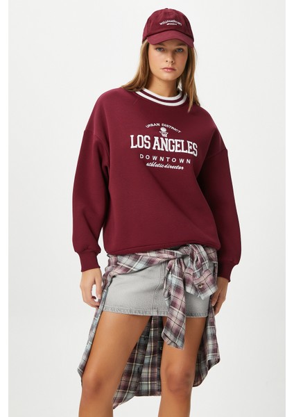 Kadın Nakışlı Los Angeles Içi Polarlı Bordo Oversize Sweatshirt