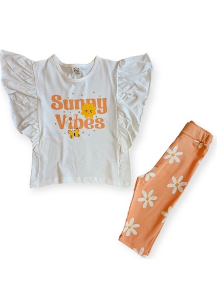 Kız Çocuk Ekru Turuncu Sunny Vibes Yazılı Çiçek Baskılı Taytlı 2'li Takım
