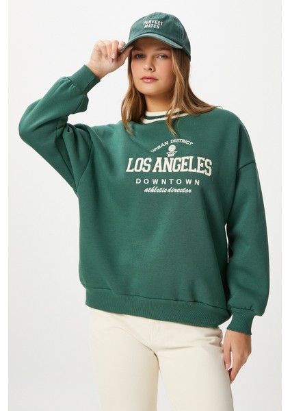 Kadın Nakışlı Los Angeles Içi Polarlı Yeşil Oversize Sweatshirt