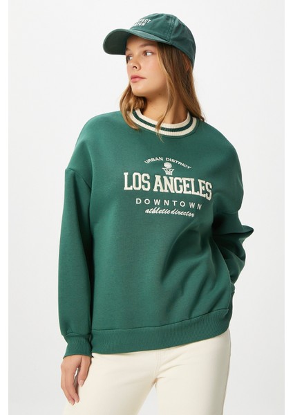 Kadın Nakışlı Los Angeles Içi Polarlı Yeşil Oversize Sweatshirt