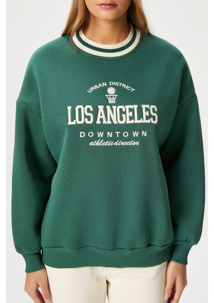 Kadın Nakışlı Los Angeles Içi Polarlı Yeşil Oversize Sweatshirt