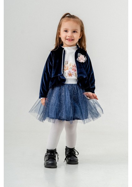 Miniğimin Ciicileri Pırıltılı Tül Etekli Kadife Hırkalı Kız Çocuk 3 lü takım - Lacivert