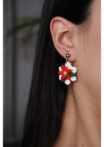 Polimer Kil El Yapımı Kar Tanesi Poinsettia Atatürk Çiçeği Noel Yeni Yıl Hediyesi Kadın Beyazküpe Kış Küpesi fiyatları