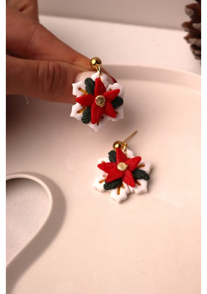 Polimer Kil El Yapımı Kar Tanesi Poinsettia Atatürk Çiçeği Noel Yeni Yıl Hediyesi Kadın Beyazküpe Kış Küpesi modelleri