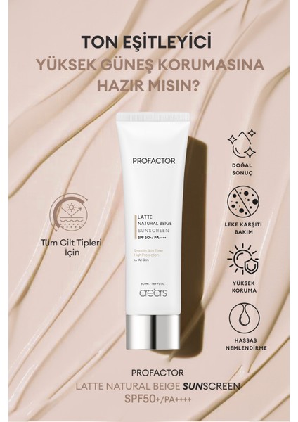 Kapatıcı Renkli Güneş Kremi Cre'ars Profactor Latte Sunscreen SPF50+/PA++++ (Natural Beige)