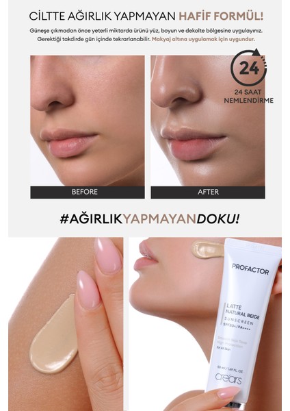 Kapatıcı Renkli Güneş Kremi Cre'ars Profactor Latte Sunscreen SPF50+/PA++++ (Natural Beige)