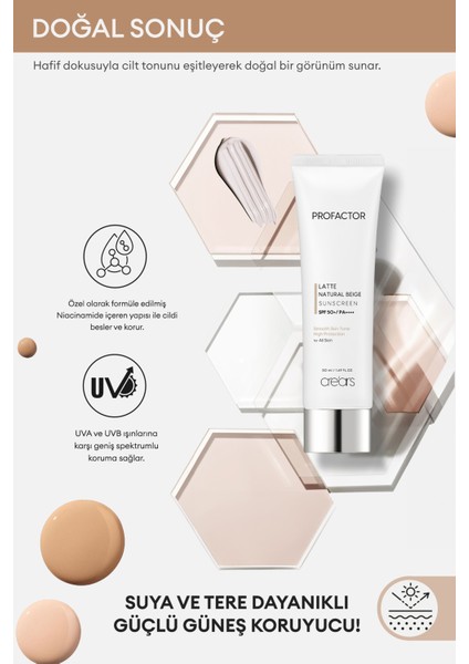 Kapatıcı Renkli Güneş Kremi Cre'ars Profactor Latte Sunscreen SPF50+/PA++++ (Natural Beige)