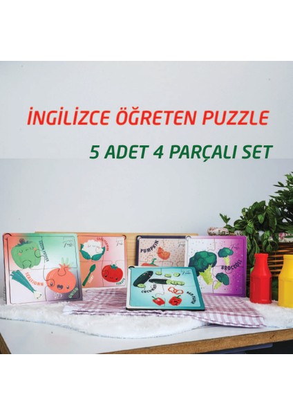 5'li 4 Parçalı Ingilizce Öğretici Sebze Yapboz Puzzle