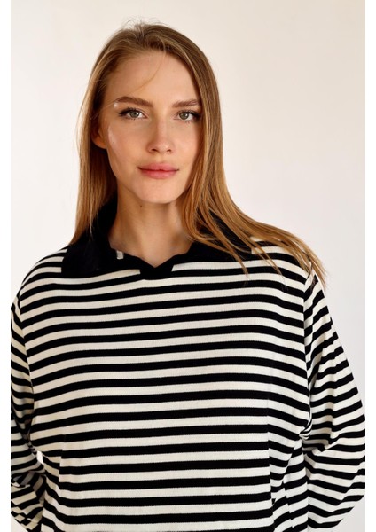 5345 Çizgi Polo Yaka Kazak Siyah modelleri