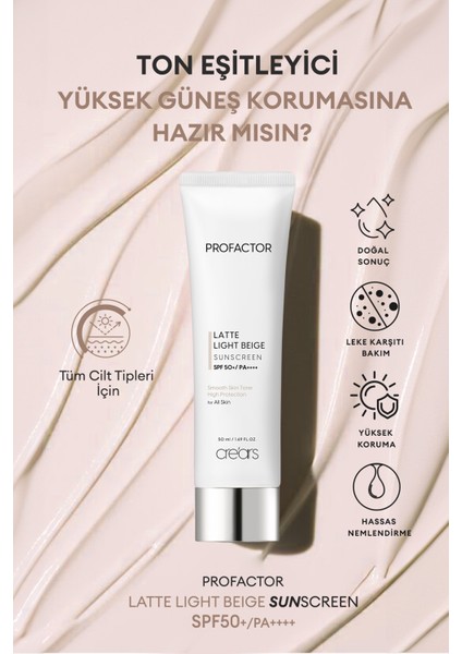 Kapatıcı Renkli Güneş Kremi Cre'ars Profactor Latte Sunscreen SPF50+/PA++++ (Light Beige)