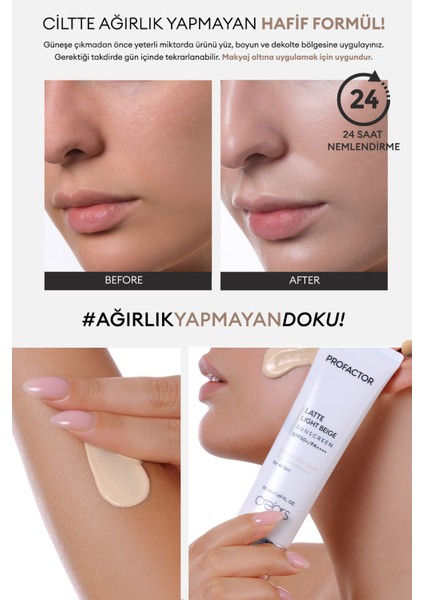 Kapatıcı Renkli Güneş Kremi Cre'ars Profactor Latte Sunscreen SPF50+/PA++++ (Light Beige)