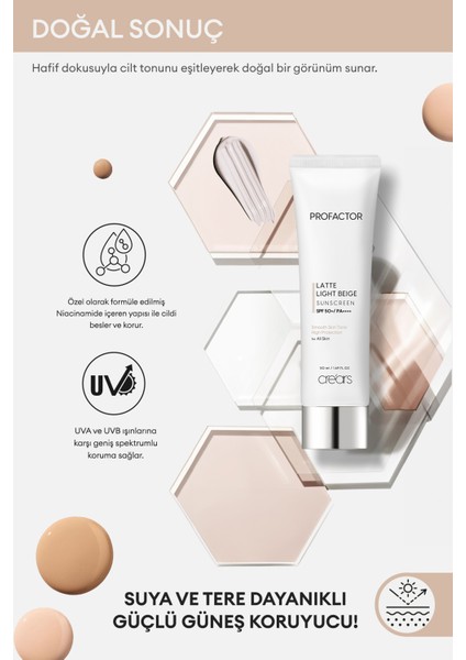 Kapatıcı Renkli Güneş Kremi Cre'ars Profactor Latte Sunscreen SPF50+/PA++++ (Light Beige)