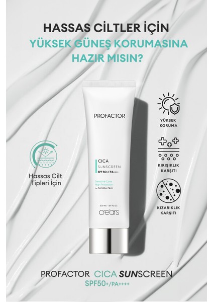 Hassas Cilt Tipleri için Cica İçerikli Güneş Kremi Cre'ars Profactor Cica Sunscreen SPF50+/PA++++