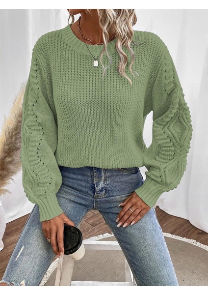 Selanik Örgü Kol Motifli Bisiklet Yaka Mint Triko Kazak