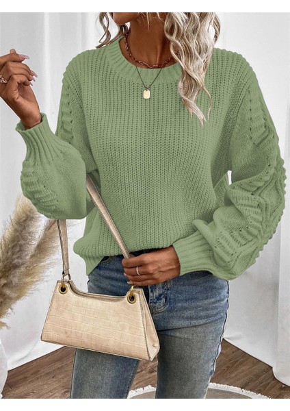 Selanik Örgü Kol Motifli Bisiklet Yaka Mint Triko Kazak modelleri