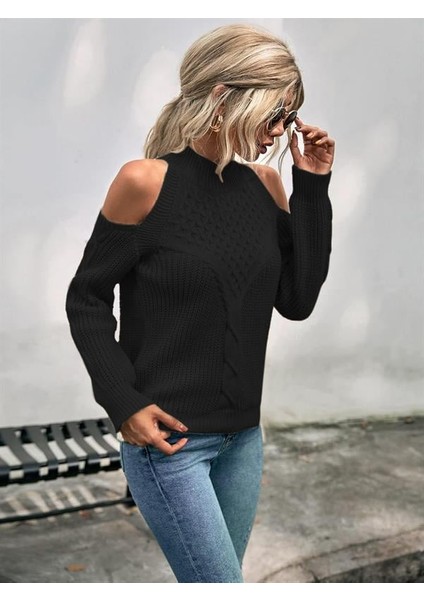 Kadın Balıkçı Yaka Omuzu Açık Selanik Saç Örgü Detaylı Siyah Triko Kazak