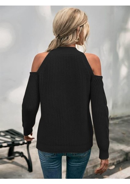 Kadın Balıkçı Yaka Omuzu Açık Selanik Saç Örgü Detaylı Siyah Triko Kazak fiyatları