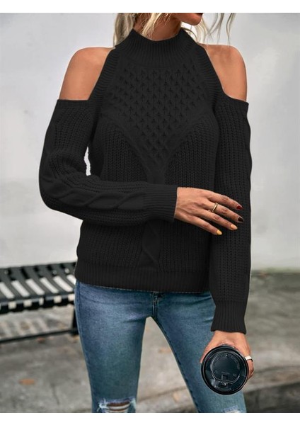 Kadın Balıkçı Yaka Omuzu Açık Selanik Saç Örgü Detaylı Siyah Triko Kazak modelleri