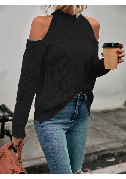 Kadın Balıkçı Yaka Omuzu Açık Selanik Saç Örgü Detaylı Siyah Triko Kazak fırsatları