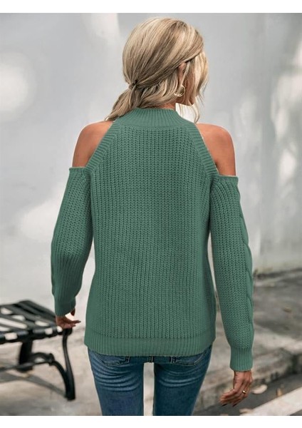 Kadın Balıkçı Yaka Omuzu Açık Selanik Saç Örgü Detaylı Mint Yeşili Triko Kazak fiyatları